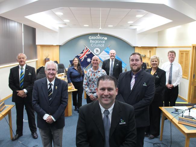 The new Gladstone Regional Council (left to right) Glenn Churchill, Chris Cameron, Natalia Muzkat, Chris Trevor, Mayor Matt Burnett, Rick Hansen, Deputy Mayor Kahn Goodluck, Desley O'Grady and Darryl Branthwaite at the declaration,  April 14, 2020.