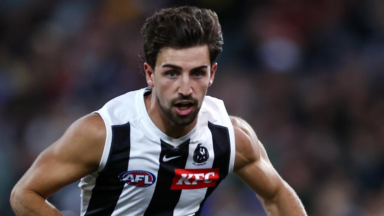 MELBOURNE. 15/04/2023. AFL. Round 5. Gather Round. Collingwood vs. St Kilda at the Adelaide Oval. Josh Daicos of the Magpies. Pic: Michael Klein