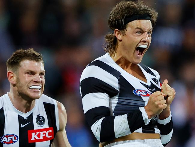 ADELAIDE, AUSTRALIA - APRIL 16: Jack Ginnivan of the Magpies celebrates a goal during the 2023 AFL Round 05 match between the Collingwood Magpies and the St Kilda Saints at Adelaide Oval on April 16, 2023 in Adelaide, Australia. (Photo by Dylan Burns/AFL Photos via Getty Images)