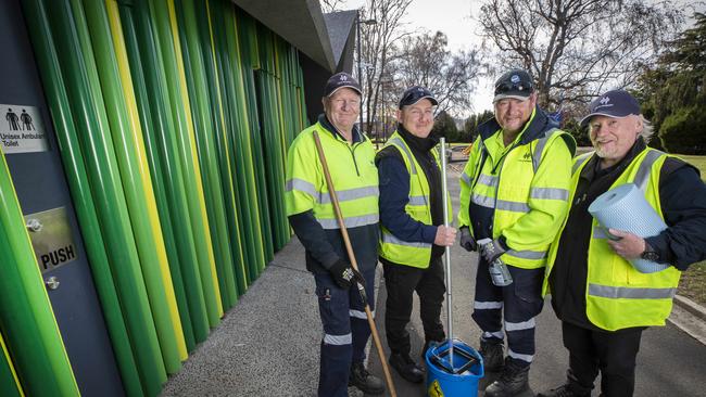 The Continence Foundation of Australia’s annual Great Dunny Hunt has revealed Australia’s best public toilets, honourable mention for Australia’s most colourful public toilet at Princes Park with Hobart City Council staff David Jones Sean Sproule, Brett Cowen and Garry Webster. Picture: Chris Kidd