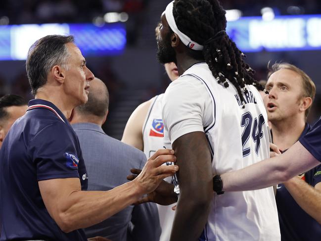 MELBOURNE, AUSTRALIA - NOVEMBER 17: Montrezl Harrell of the Adelaide 36ers argues withy a member of the crowd during the round nine NBL match between Melbourne United and Adelaide 36ers at John Cain Arena, on November 17, 2024, in Melbourne, Australia. (Photo by Darrian Traynor/Getty Images)