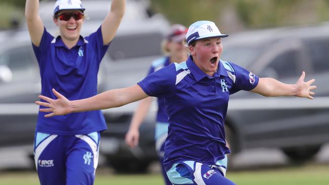 Barwon Heads teen Matilda Cole celebrates a late innings run-out. Picture: Mark Wilson