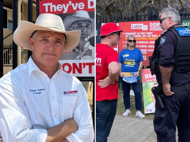 Robbie Katter has called in the lawyers while the bizarre antics of a man at a Alexandra Hills polling booth forced election voluteers to call police.