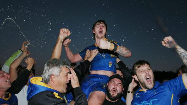 Toukley captain-coach Jake Fitzpatrick celebrating with fans after the GF win. Picture: Sue Graham