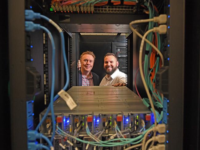 30/07/20 - Scott Hicks, YourDC CEO and David Welling, Australian Industry Specialist, Naval Group Australia with a server at the YourDC data centre in Edinburgh. Picture: Tom Huntley