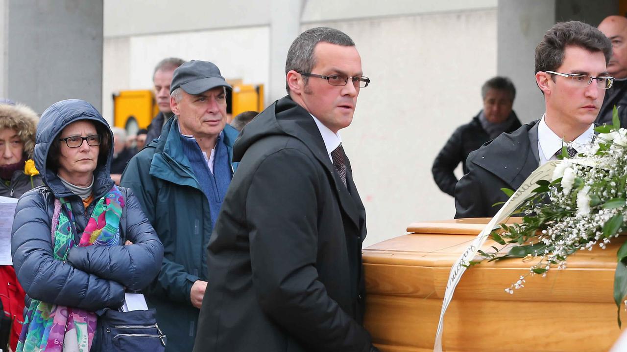 The family of Giulio Regeni follow his coffin during the funeral service in Fiumicello, Northern Italy. Picture: AP/Paolo Giovannini