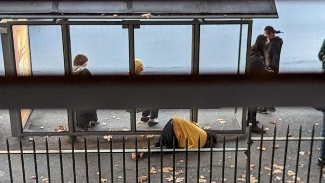 Anti-social behaviour at a bus stop on North Terrace, snapped by a staffer from a Parliament House window.