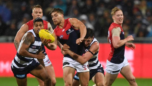 Melbourne was crunched by Geelong on Saturday night. Picture: Julian Smith. 