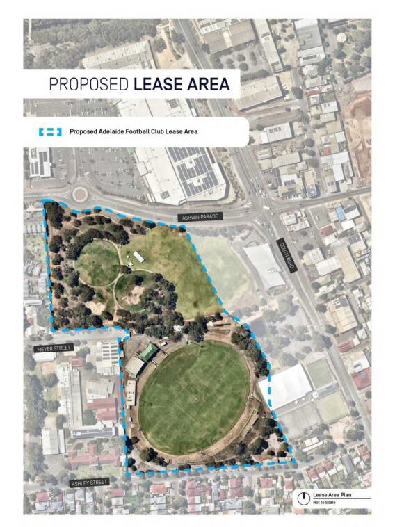 The proposed area which will be leased by the Adelaide Football Club for the Thebarton Oval redevelopment. Picture: Supplied