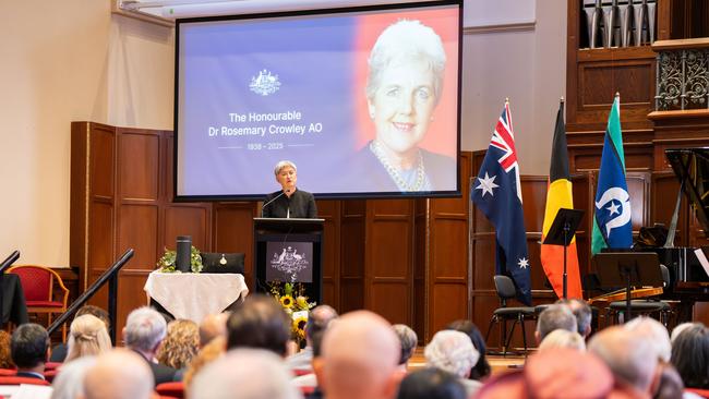 Senator Penny Wong officiates the state memorial service for Senator Dr Rosemary Crowley AO. Picture: Tim Joy