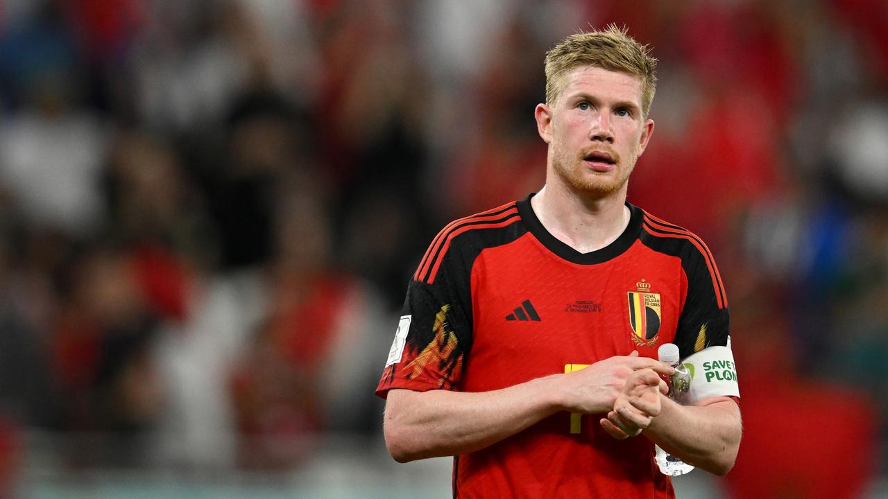 DOHA, QATAR - NOVEMBER 27: Kevin De Bruyne of Belgium applauds fans after the 0-2 loss during the FIFA World Cup Qatar 2022 Group F match between Belgium and Morocco at Al Thumama Stadium on November 27, 2022 in Doha, Qatar. (Photo by Clive Mason/Getty Images)