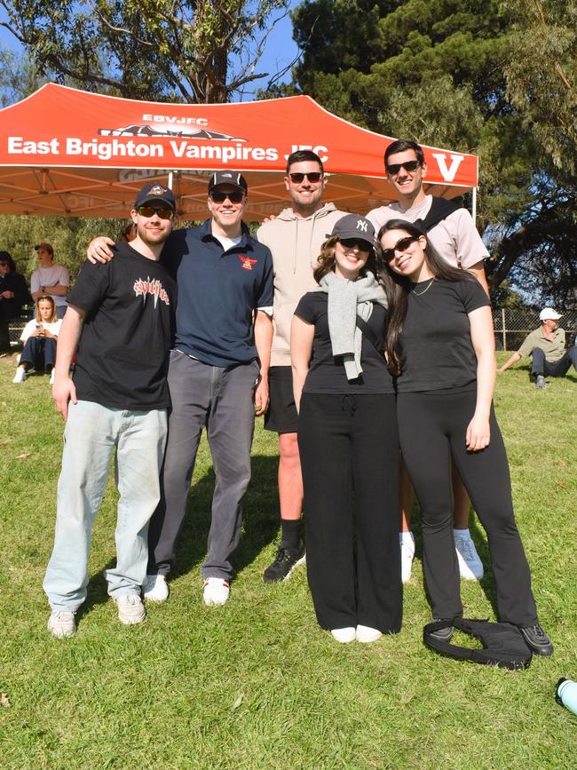 The Victorian Amateur Football Association (VAFA) William Buck Premier Men’s Grand Final Match — Old Brighton vs. Old Scotch — Friday, September 27, 2024: Ralph, Tom, Barry McCockiner, Sarah, Jess and Zack. Picture: Jack Colantuono