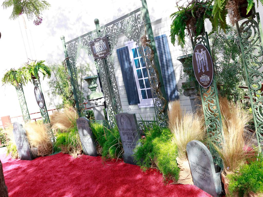 The empty red carpet at the world premiere of Disney’s Haunted Mansion inside Disneyland. Picture: AFP