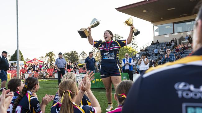 Highfields captain Katelyn Collie lifts the trophy as the TRL Women Premiers after defeating Gatton in the grand final at Toowoomba Sports Ground, Saturday, September 14, 2024. Picture: Kevin Farmer