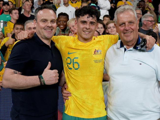 Alex Robertson (C) has twice played for the Socceroos – but isn’t yet tied to them internationally. Picture: Getty