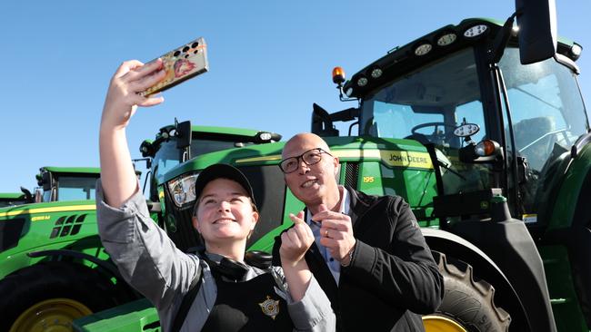 Peter Dutton while on the 2025 federal election campaign trail at AGFEST, Carrick near Launceston, Tasmania. Picture: Adam Head / NewsWire