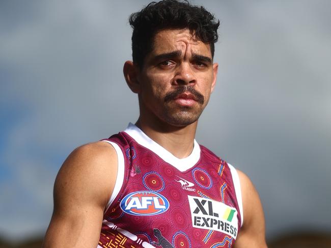 GOLD COAST, AUSTRALIA - MAY 16: Charlie Cameron of the Lions  poses during the 2022 Sir Doug Nicholls Round Launch Media Opportunity at at Metricon Stadium  on May 16, 2022 in Gold Coast, Australia. (Photo by Chris Hyde/Getty Images)