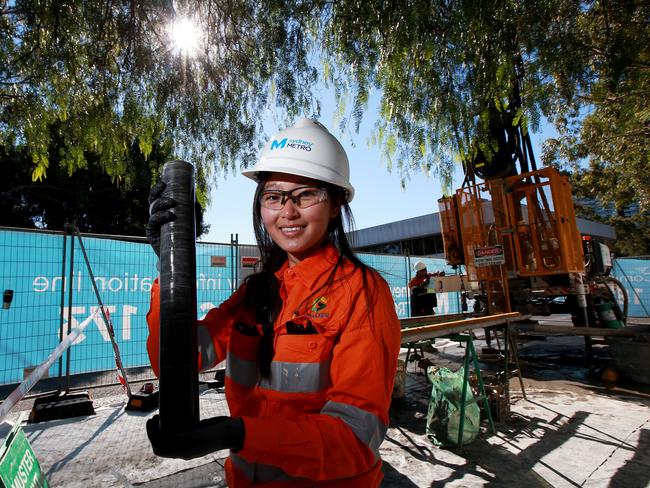 Sydney Metro West Geotechnical engineer Stephanie Liew pictured with soil samples at a drilling site in Sydney Olympic Park. Picture: Toby Zerna