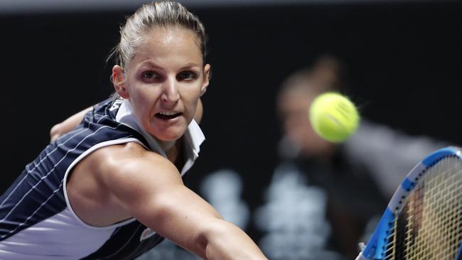 Karolina Pliskova hits a return to Ash Barty during their WTA Championships match in China last month. Picture: AP