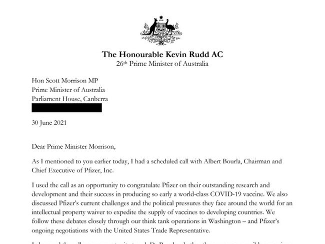 The letter Rudd sent to the PM after his discussions with a Pfizer exec. Picture: Supplied