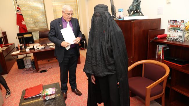 Pauline on the day of her burqa stunt with Senator Burston in Parliament House in Canberra. Picture Gary Ramage.