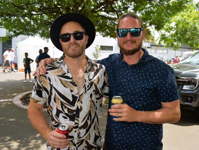 Josh Sheerin and Justin Licis enjoying all the action at the Ladbrokes Cranbourne Cup on Saturday, November 23, 2024. Picture: Jack Colantuono