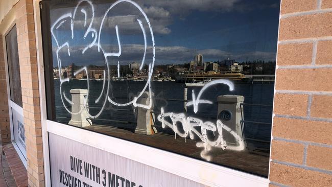 Vandals have regularly attacked the derelict Sea Life Aquarium at Manly. Picture: Jim O’Rourke