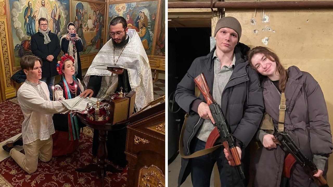 Ukrainian newlyweds spend honeymoon fighting Russian invasion. Picture: Twitter/Visegrád 24.