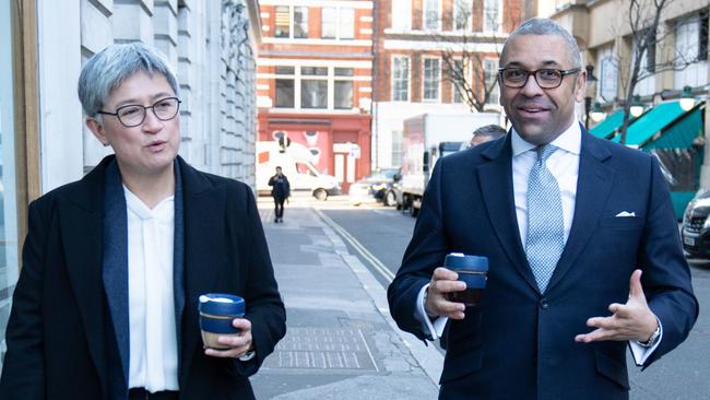 Penny Wong with British Foreign Secretary James Cleverly in London in early February. Picture: Getty Images