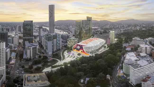 Artists impressions of the Brisbane Live precinct in Brisbane that would transform the area around the Roma Street Station