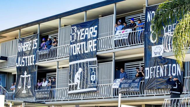 Refugee protest at the Central Hotel and Apartments at Kangaroo Point in July. Picture: Richard Walker