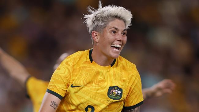 MELBOURNE, AUSTRALIA - FEBRUARY 28: Michelle Heyman of the Matildas celebrates a goal during the AFC Women's Olympic Football Tournament Paris 2024 Asian Qualifier Round 3 match between Australia Matildas and Uzbekistan at Marvel Stadium on February 28, 2024 in Melbourne, Australia. (Photo by Darrian Traynor/Getty Images)