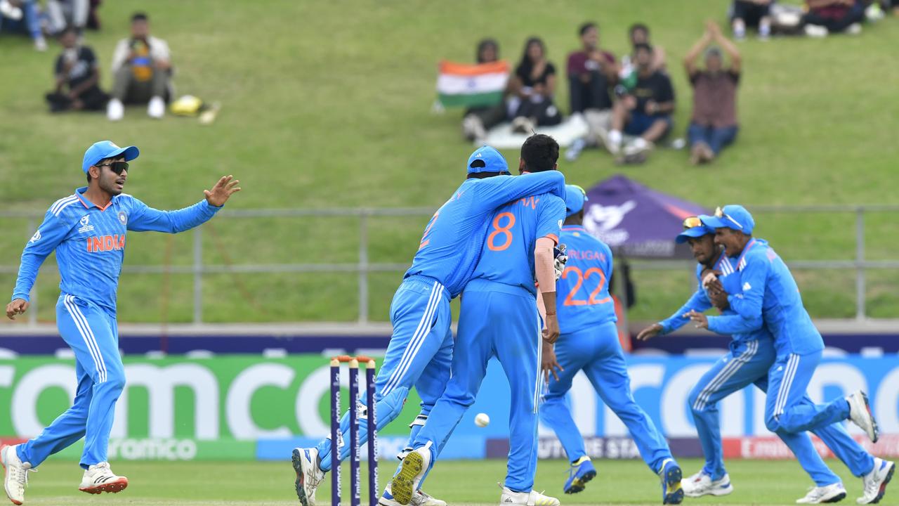 Indian players celebrate the dismissal of the Australian Captain Hugh Weibgen, but it wasn’t enough to stop the Aussies from claiming the Under-19s World Cup win. Picture: Sydney Seshibedi/Gallo Images