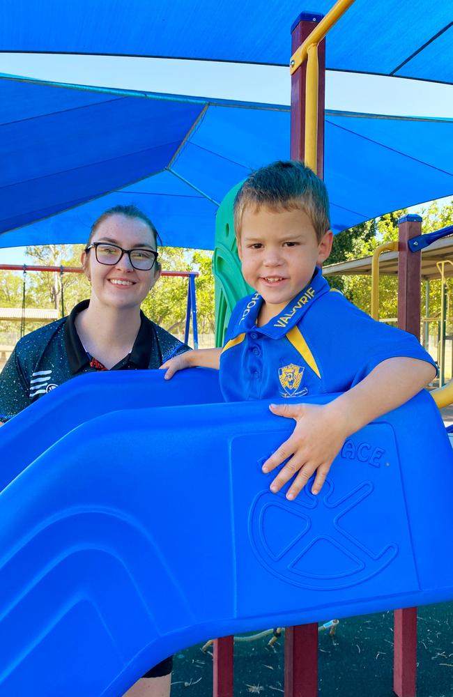 Valkyrie State School 2022 Prep teacher Miss Taylor with student Michael. Picture: Contributed MKY2022PREP