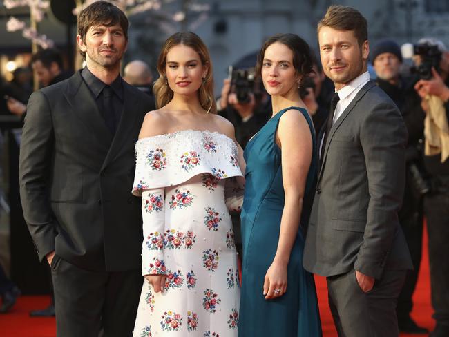 James with Michiel Huisman, Jessica Brown Findlay and Glen Powell. Picture: Getty