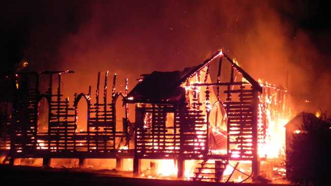 Firefighters battle a blaze that destroyed the Glenreagh Catholic Church early Sunday morning. Picture: Jennie Seed