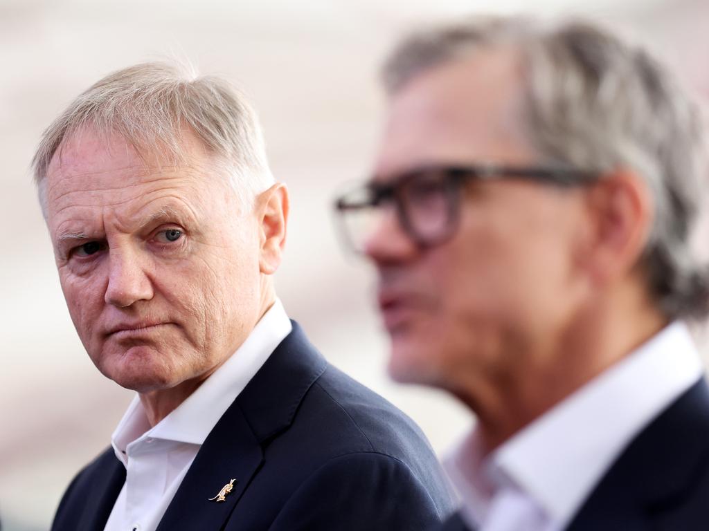 Joe Schmidt (left) will hand over the Wallabies’ coaching reins to Les Kiss in July next year, Picture: Matt King/Getty Images