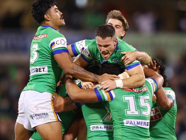 The Raiders celebrate their golden point victory. Picture: Mark Nolan/Getty Images