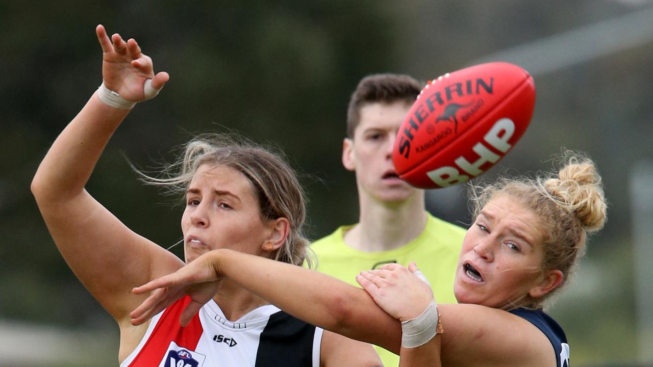 Football VFLW elimination final: Geelong v Southern Saints at Waurn Ponds. left Southern Saints 22 Sarah Black and Geelong 65 Analea McKee Picture: Mark Wilson