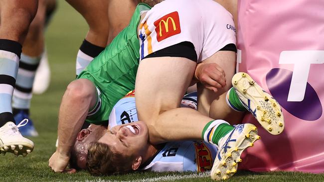 The Sharks struggled after losing hooker Blayke Brailey, leaving the match after an awkward collision with the goalpost padding. Picture: Getty Images.