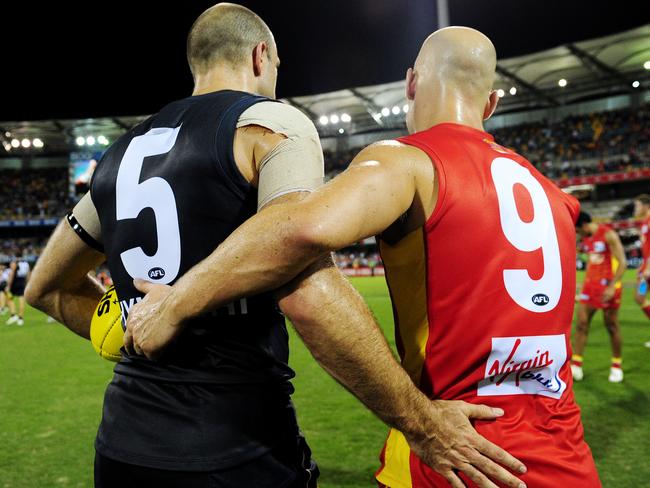 Gold Coast Suns v Carlton. Gabba. FIRST GAME. Chris Judd and Gary Ablett Jr after the match