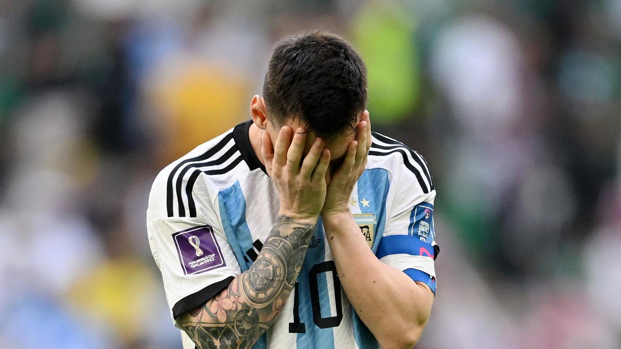 Lionel Messi of Argentina shows dejection during the FIFA World Cup Qatar 2022 Group C match between Argentina and Saudi Arabia