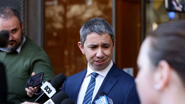 Jack de Belin's lawyer Robert Foster speaking to reporters after the charges against his client were officially dropped. Picture: NCA NewsWire / Damian Shaw