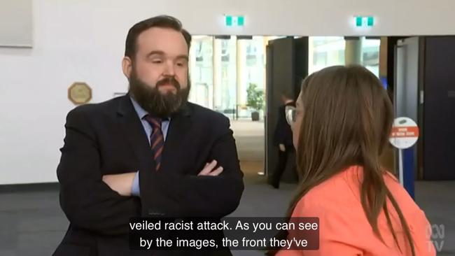 ALP state secretary Reggie Martin talking to ABC journalist Stacey Lee about the "Can you trust Habib" pamphlet. Picture: ABC News