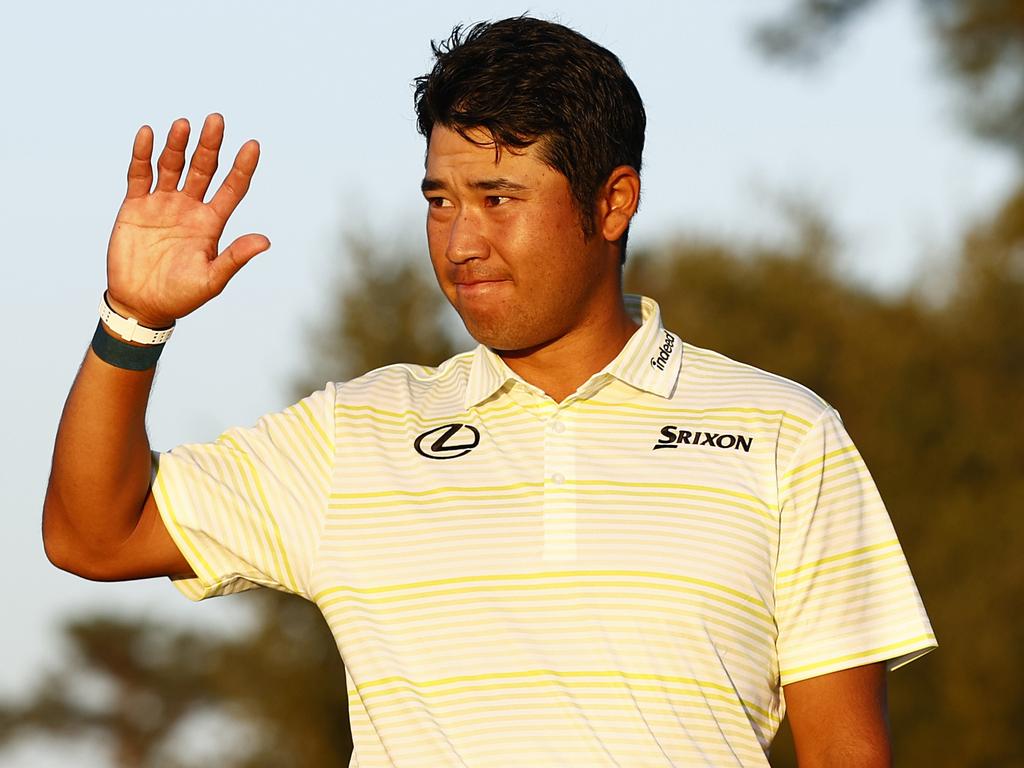 Hideki Matsuyama celebrates during the Green Jacket Ceremony after winning the Masters. Picture: Jared C. Tilton/Getty Images