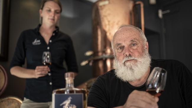 Bill Lark and Distiller Jodie Dawe fight for Tasmanian Distilleries calling for urgent government action to fix Australia's spirits tax regime. Picture Eddie Safarik