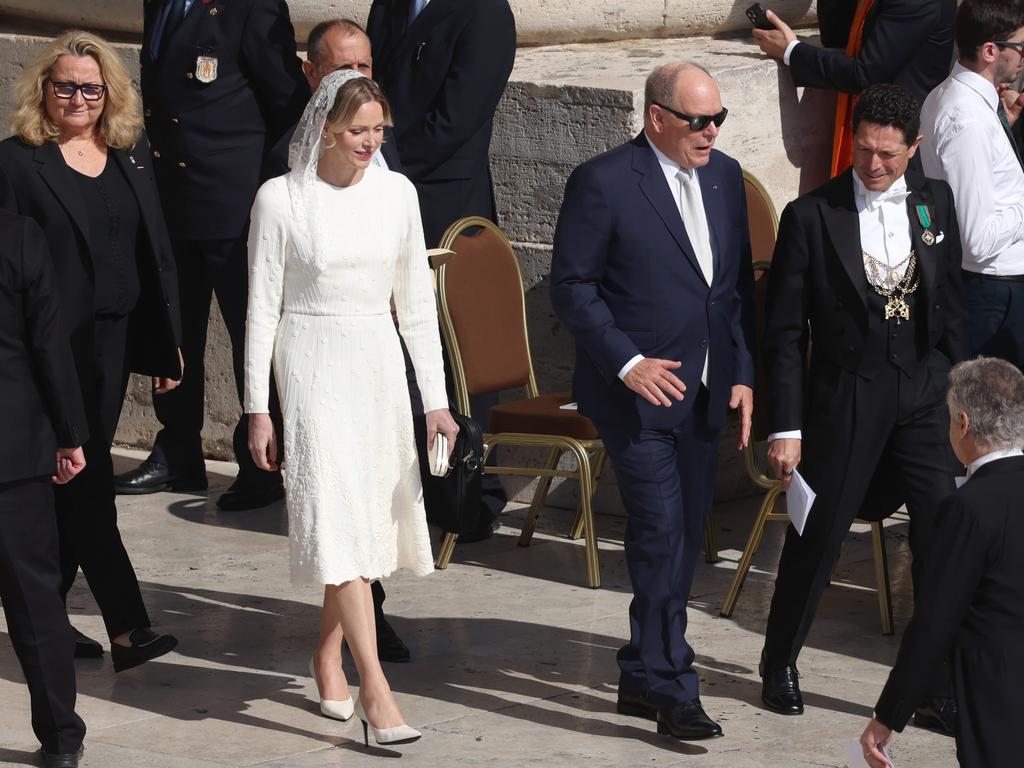 Princess Charlene of Monaco and Prince Albert II of Monaco arrive ahead of the Inauguration Mass of Pope Leo XIV in St Peter's Square. Picture: Sean Gallup/Getty Images