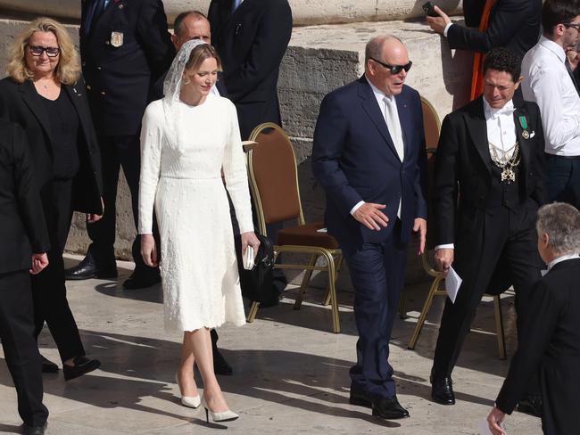 Princess Charlene of Monaco and Prince Albert II of Monaco arrive ahead of the Inauguration Mass of Pope Leo XIV in St Peter's Square. Picture: Sean Gallup/Getty Images