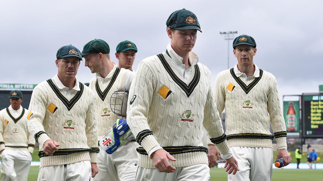 Australia’s Test team leaves the field after day 1 of the match against South Africa in Hobart in 2016. Picture: AAP Image/Dave Hunt