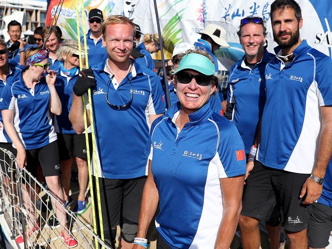 Wendy Tuck with her crew at the end of the last Sydney to Hobart yacht race.